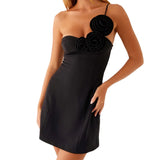 Women's Summer 3D Flower Mini Dress One Shoulder Spaghetti Strap Solid Color Slim Fit Dresses Party Clubwear