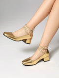 Metallic Silver Gold Women Mary Jane Pumps Square Toe Block Heel Crisscross Ankle Strap Back Zipper Elegant Party Dress Heels