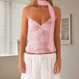 Women Camisoles Sequins Beaded Flower Embroidery V-Neck Casual Camis Tops Summer Fashion Sleeveless Crop Tops with Choker Scarf