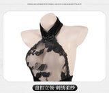 Chinese Traditional Lace Cheongsam Mini Dress Women Sexy Lingerie See-through Embroidery Halter Elegant Qipao Skirt
