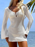 V Neck Long Sleeve Hollow Out Crochet Knitted Tunic Beach Cover Up Cover-ups Beach Dress Beach Wear Beachwear Female Women V7643