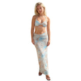 Women Tie-dye Printed Summer Party Club Halter Long Dress Backless Deep V Neck Sleeveless Bead Chain Bodycon Dresses
