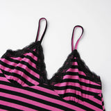 Women Summer Cami Tops V Neck Sleeveless Striped Print Lace Trim Patchwork Summer Crop Tops