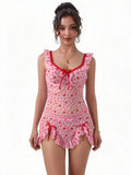 Pink Heart Print Mesh Nightdress for Women Lace Trim See Through Push Up Underwire Chemise with Panties Plus Size M-3XL