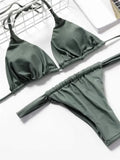 Wrinkled High Cut Mini Micro Thong Bikini Women Swimwear Female Swimsuit Two-pieces Bikini Set Halter Bather Bathing Suit Swim