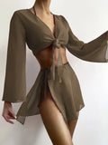 4PCS with Mesh Sarong Cover Up Long Sleeve Bikini Female Swimsuit Women Swimwear Four-pieces Bikini Bathing Suit Swim Beachwear