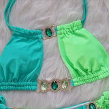 Splicing Halter Jewelled Diamond Bikini 2025 Women Swimsuit Female Swimwear Two Pieces Bikini Set Hollow Out Bathing Suit Swim