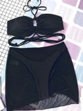 Wrap Around with Mesh Sarong Skirt Bikini Female Swimsuit Women Swimwear Three-pieces Bikini Set Beachwear Bathing Suit Swim