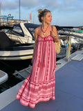 Foridol Crochet Bohemian Summer Dress for Women Spaghetti Strap Red Vintage Tassel Beach Dress Maxi Long Casual Sundress Autumn