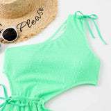 One Shoulder Women's Swimsuit One Piece Cut Out Sexy Swimwear Women 2022 Textured Monokini Solid Bathing Suit Beach Wear Purple