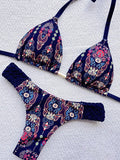 Printed Halter Braided Rope Mini Thong Bikini Female Swimsuit Women Swimwear Two-pieces Bikini Set High Cut Bather Bathing Suit