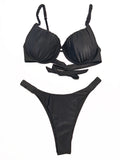 New pleated hard cup sexy bikini solid color swimsuit women's separate strap support vacation adjustable halter bikini