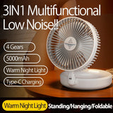 2024 New Style 5000mAh Small Portable Fan Rechargeable Wall Mounted Fan 90° Foldable Desktop Fan 4 Gears With Warm Night Light