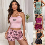 Two Piece Summer Camisole Sexy Pajama Set Women's Printed Butterfly Sleeveless Top Elastic Waist Shorts Casual Sexy Home Pajamas