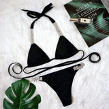 2026 Sexy Bikini Women Solid Halter Rhinestone Chain Bandage Swimwear Swimsuit Female Beach Bikinis Set Bathing Suit White/Black