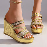 Gold Shiny Sequin Wedges Sandals Women Plus Size 42 Summer Chunky Platform Slippers Woman Crystal High Heel Party Shoes Ladies