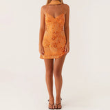 Women's Summer Sequined Flower Embroidery Beaded Bodycon Mini Dress Sleeveless Spaghetti Strap V Neck Night Out Dress with Scarf