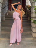 Women Pant Set Sheer Layers Spaghetti Strap Backless Lace Top Straps Solid Loose Straight Elastic Hem Fashion Beach Chic Suits
