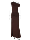 FDYOUI Woman Clothes Diagonal Collar Ruched Brown Long Dresses 2026 Summer Lady Chic One Shoulder Sleeveless Tunics Party Dress
