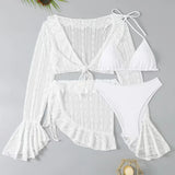 2026 Sexy Four-piece Women Swimsuit Long-sleeve Cover-up Swimwear Summer Solid Bikini Set Brazilian Beachwear Party bathing suit