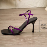 Fashion Crystal Buckle Stiletto Heel Sandals Women Ankle Strap Square Toe Party Shoes Woman Plus Size 42 High Heeled Sandals