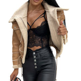 Women Winter Jacket Solid Color Street Coat Long Sleeve Zipper Closure Patchwork Warm Outwear with Pockets