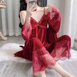 Gold velvet three-piece pajamas set, autumn and winter lace nightgown, sexy home wear with chest pad