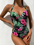 New Printed Conservative One-Piece Halter Neck Swimsuit Sexy Hard Bag Fashionable Holiday Beachwear High Waist Tie-Back Style