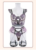 Erotic Sexy Lingerie Women Floral Transparent Lace Bra and Panty Set Underwear with Garter Intimate Outfits Bodysuits