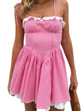 Summer Plaid Mini Cami Dress for Women Fashion Slim Ruffle Trim Tie-up Spaghetti Strap A-line Dresses for Daily Party