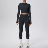 New Women Yoga Set Solid Color Double-Sided Brushed Bare Feel Short Long-Sleeve Jacket Tight Pants Running Fitness 2-Piece Set