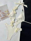 3D Flowers Deep V Neck Halter Women Backless Swimwear One Piece Swimsuit Female High Cut Monokini Bather Bathing Suit Swim Lady