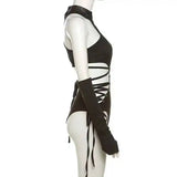 Hollow Out Sexy Cyber Y2k Bodysuits Gothic Mesh Patchwork Tops Female Glove Sleeve Mock Neck Bodysuit Fashion P4ZQ