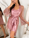 Hot Selling Solid Color Polyester Nightgown Lace See Through Robe For Women 2pcs Set