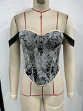 Retro Red Floral Print Corset Tank Top Sexy Back Criss Cross Bandage Bustier Lace Trim Night Club Party Slim Fishbone Camisole