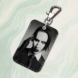 Singer M-Marilyn M-Manson Rectangle Card Case Keychain Access Card Bag Key Tag Ring Leather Card Holder Key Ring Access