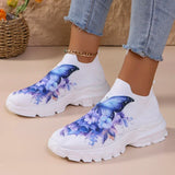 Fashion Butterfly Print Knit Sneakers for Women Breathable Mesh Platform Sneakers Shoes Woman Plus Size Thick Sole Walking Shoes