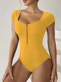 2026 Short Sleeve Swimsuit Women One Piece Solid Swimwear Female Zipper Bathers Bathing Swimming Suit Summer Beachwear Bodysuit