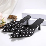 Elegant Polka Dot Bowknot High Heels Sandals Women Fashion Pointed Toe Thin Heel Mules Shoes Woman Plus Size Dress Party Shoes
