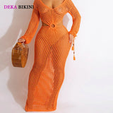 DEKA Women Knitted Backless Cover Up Swimsuit Long-sleeved Crochet Hollow Out Dress Summer Beach Vacation Outfit Beach Dress