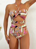 2026 Halter Hollow Swimsuit One Piece Sexy Print Ring Link Swimwear Women Bathing Swimming Swim Suit Padded Beachwear Summer XXL
