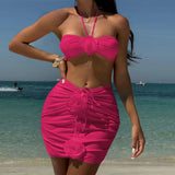 New 3D Flowers With Skirt Brazilian Bikini Women Swimwear Three-pieces Bikini set Female Swimsuit Bather Bathing Suit Swim V5755