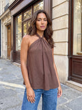 Women Loose Fit Halter Tops Solid Color Open Back Sleeveless Tie-up Vest Summer Daily Casual Elegant Blouse Streetwear