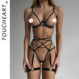 Toucheart 4 Piece Set Bra Set Nude See-Through Mesh Contrasting Color Hemmed Sexy Underwear For Women Girdle Garter Belt Suit
