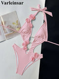 Pink Red Bather Bathing Suit Swim 3D Flower Deep V Neck One Piece Swimsuit Women Swimwear Female High Cut Leg Monokini V6986P