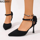 Flock Suede Female Sandals For Women Pointed Toe Stiletto Heel Buckle Strap Butterfly Knot OL Single Shoes Big Size 34-45 Sexy