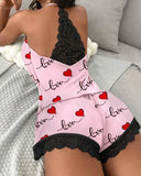 Summer Sleepwear Women's Casual 2 Pieces Pajamas Set Sleeveless V-Neck Heart Print Cami Tops and Shorts Set Loungewear