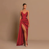 Elegant Strapless Solid Evening Gown Chic Satin Corset Dress for Women V-neck Split Blue Long Dress Lady Summer Party Dress up