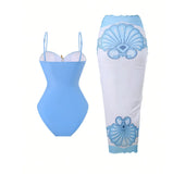 Vintage Orange Floral Print Skirt Swimwear Sets Women Starfish Hollow Out Tummy Control Bathing Suit Holiday One Piece Swimsuit