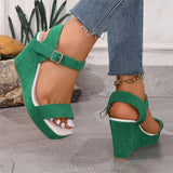 2026 New Platform Wedge Sandals Solid Color Round Headed Square Buckle  High-heeled Sandals